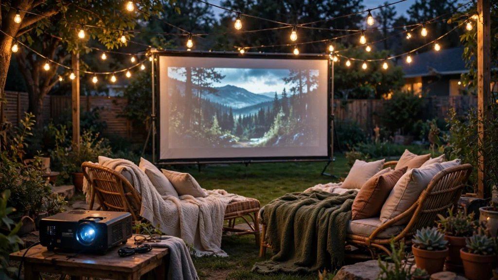 Backyard outdoor projector screen glowing at night with string lights