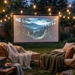 Backyard outdoor projector screen glowing at night with string lights