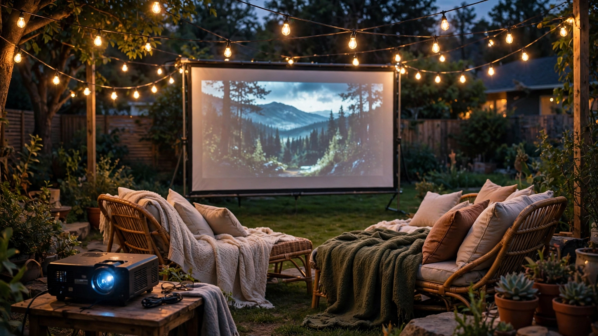 Backyard outdoor projector screen glowing at night with string lights