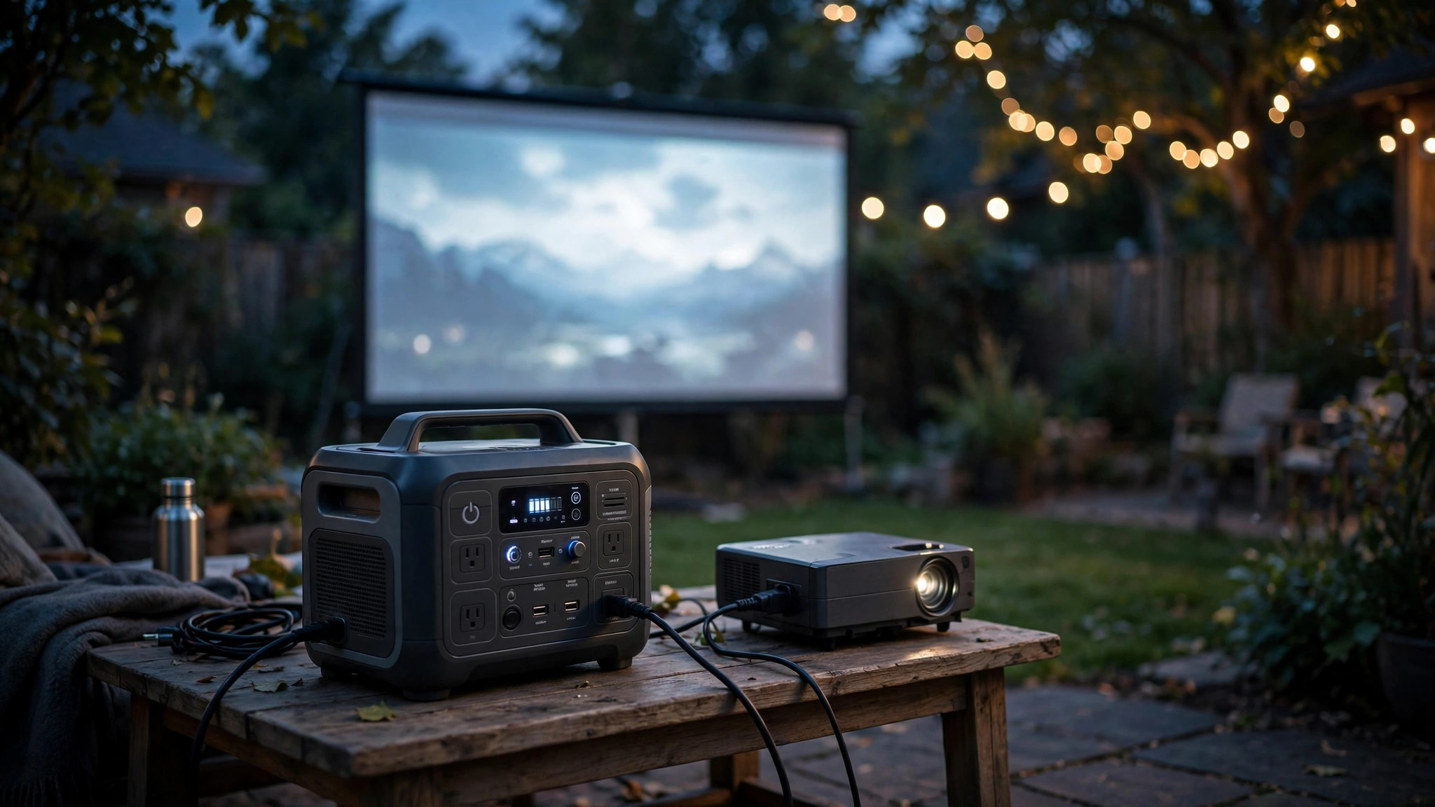 Portable power station powering a projector outdoors at dusk