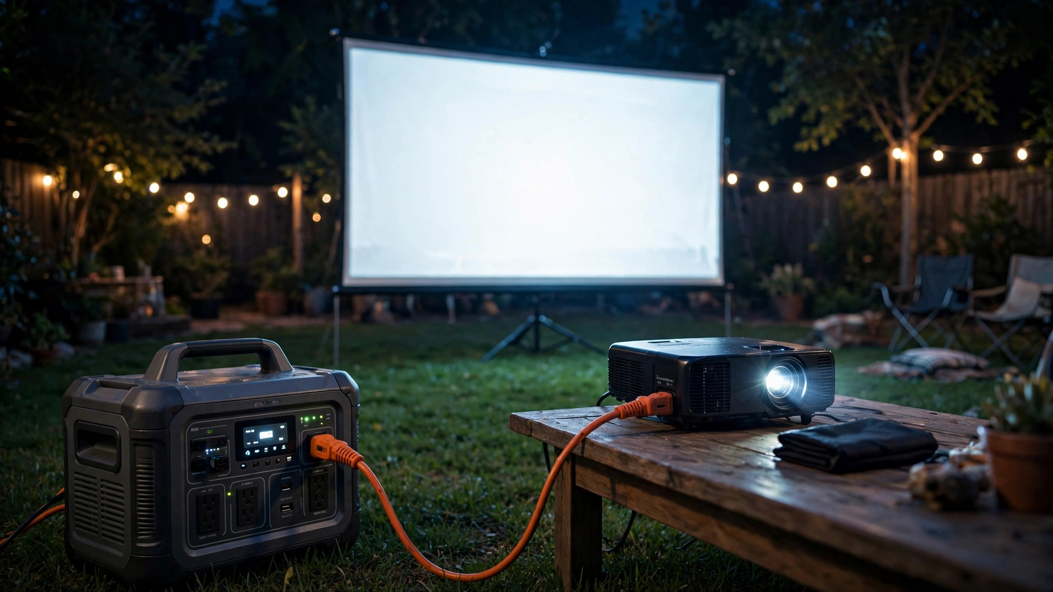 Backyard movie setup at night with power station and extension cord