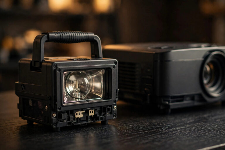 Projector lamp module beside a projector