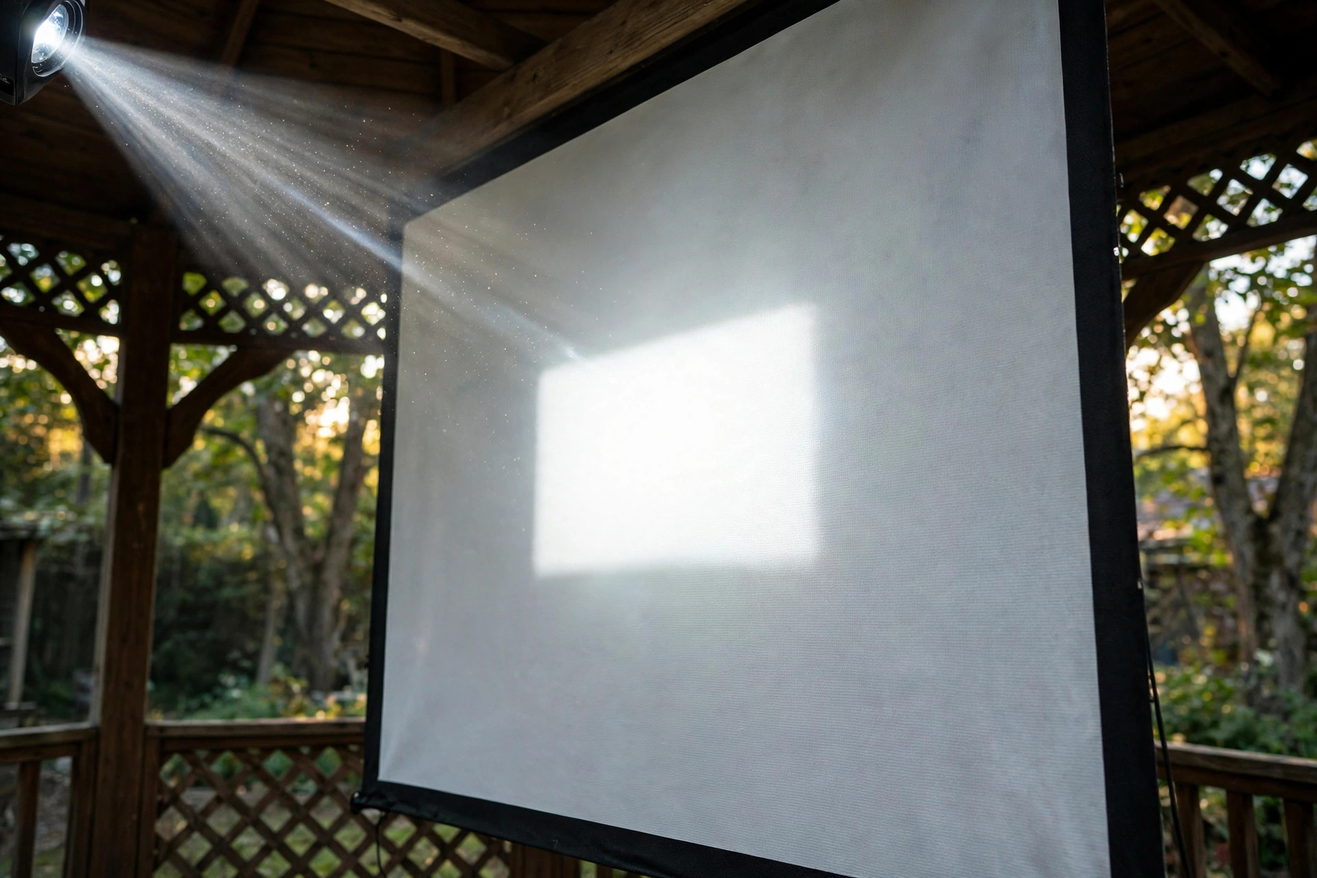 Projector in shaded backyard gazebo during daytime