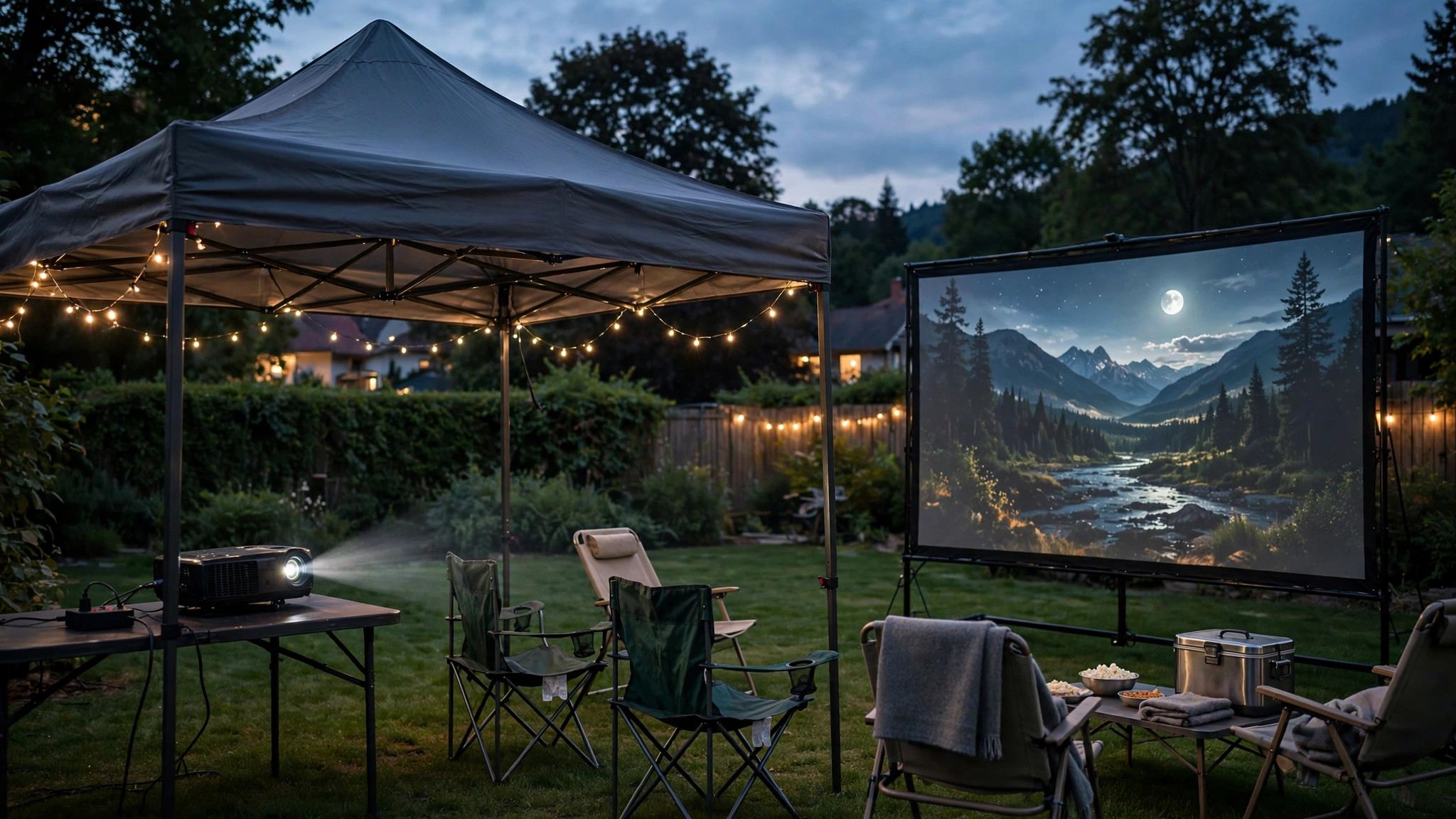 Projector under pop-up canopy during backyard movie - How to Protect Your Projector From Rain Outside