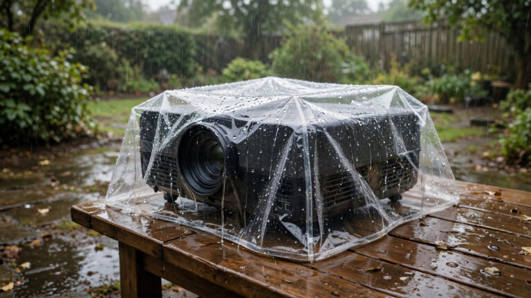 Projector protected from rain outdoors