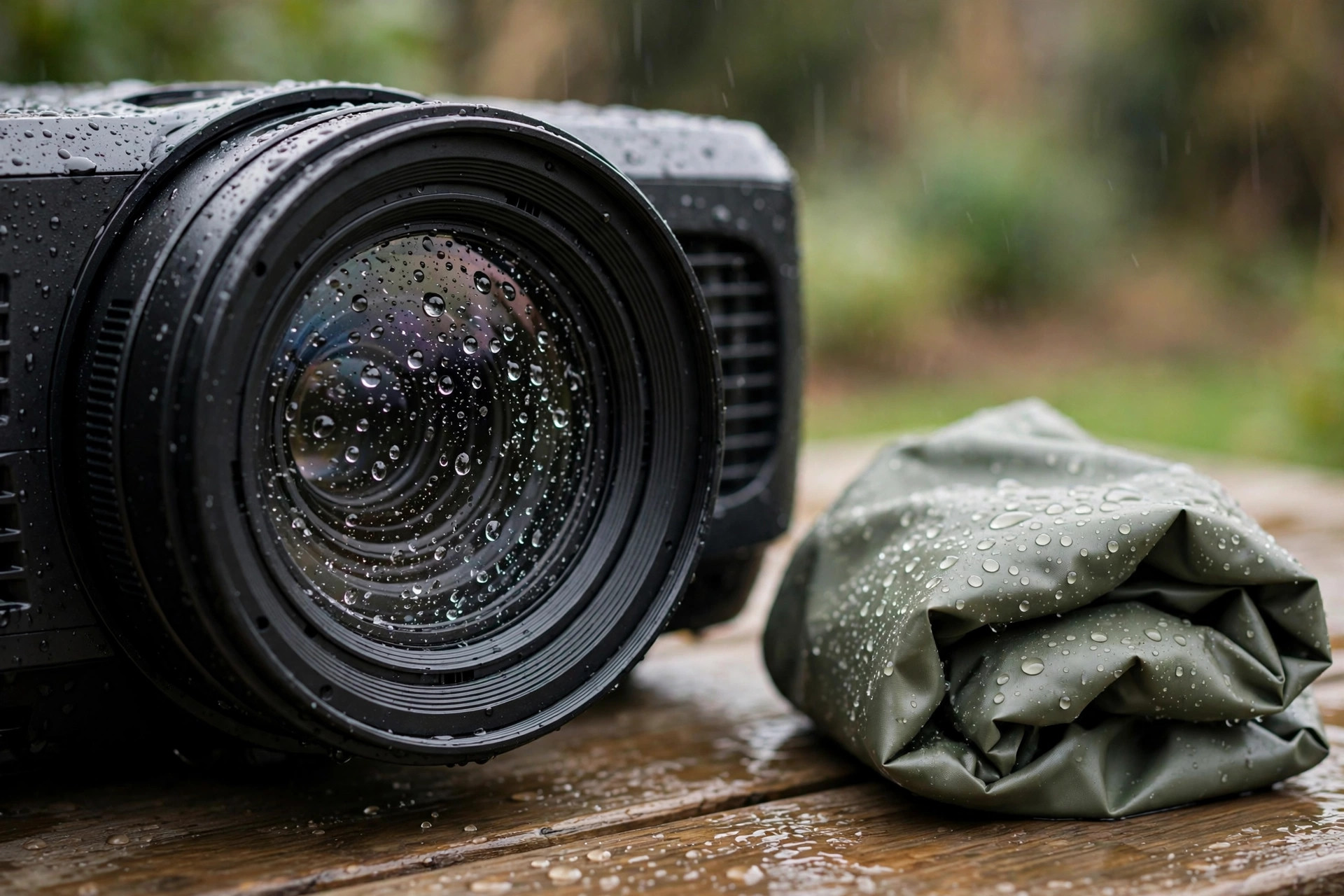 Projector lens with water droplets and waterproof cover