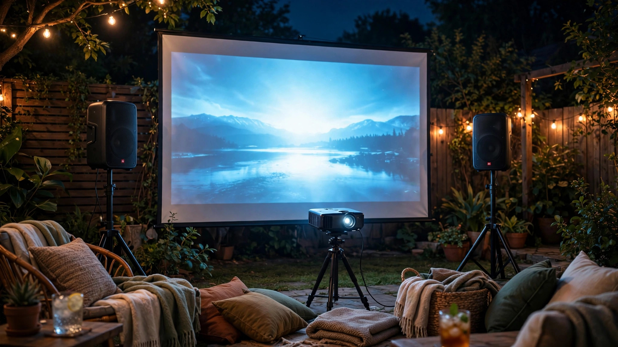 Outdoor Bluetooth speakers with backyard projector setup