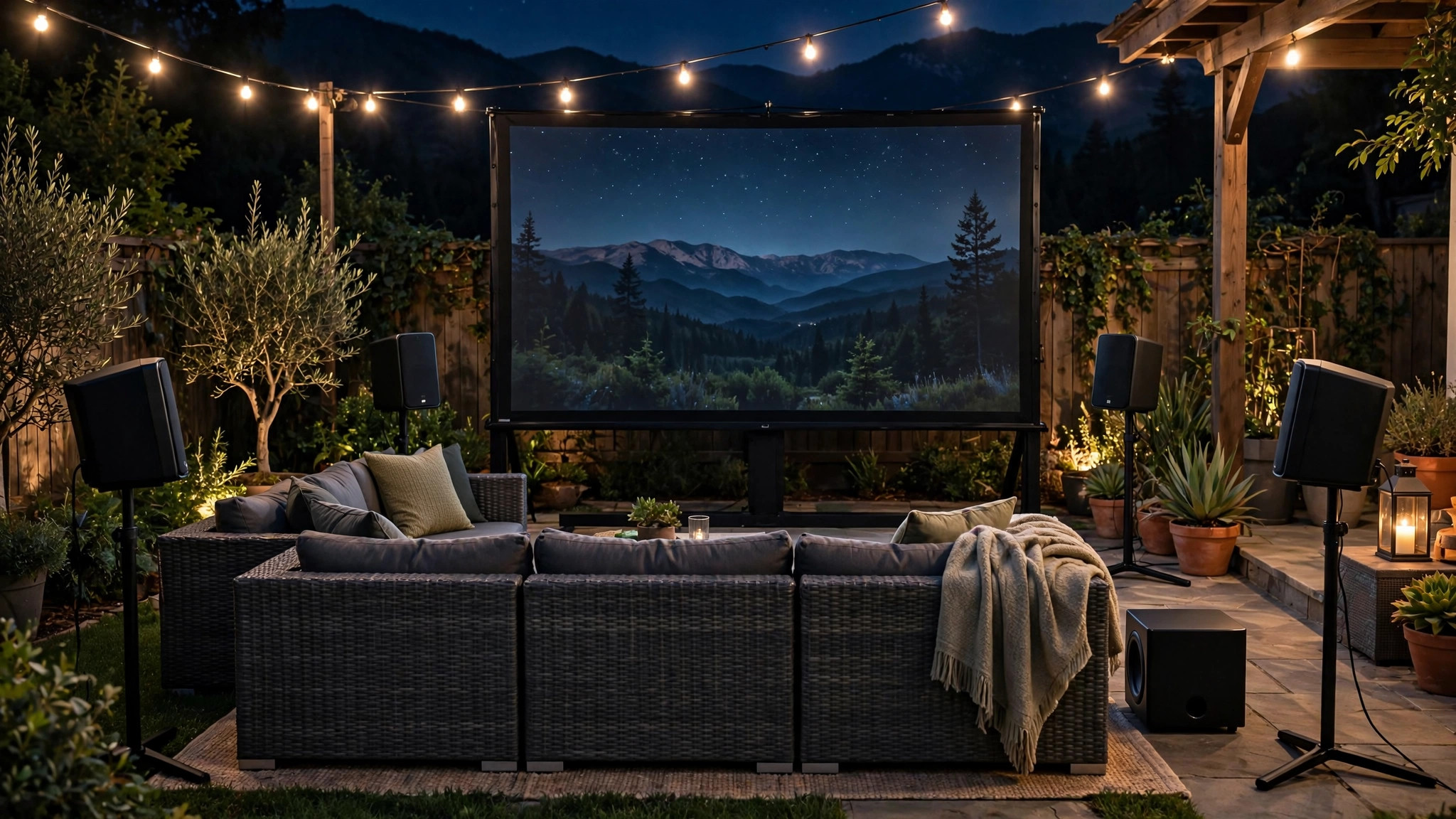 Bluetooth speakers placed around backyard seating area