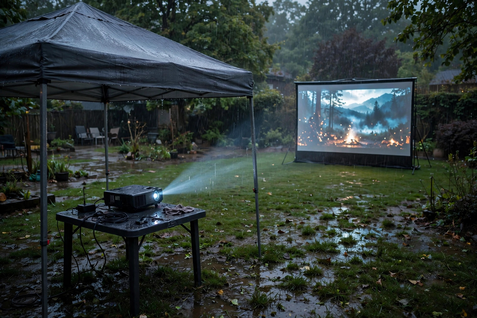 Projector sheltered under canopy during light rain