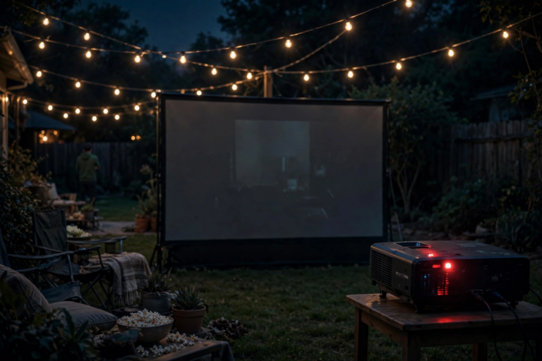 Projector red warning light glowing as screen goes dark at backyard movie night