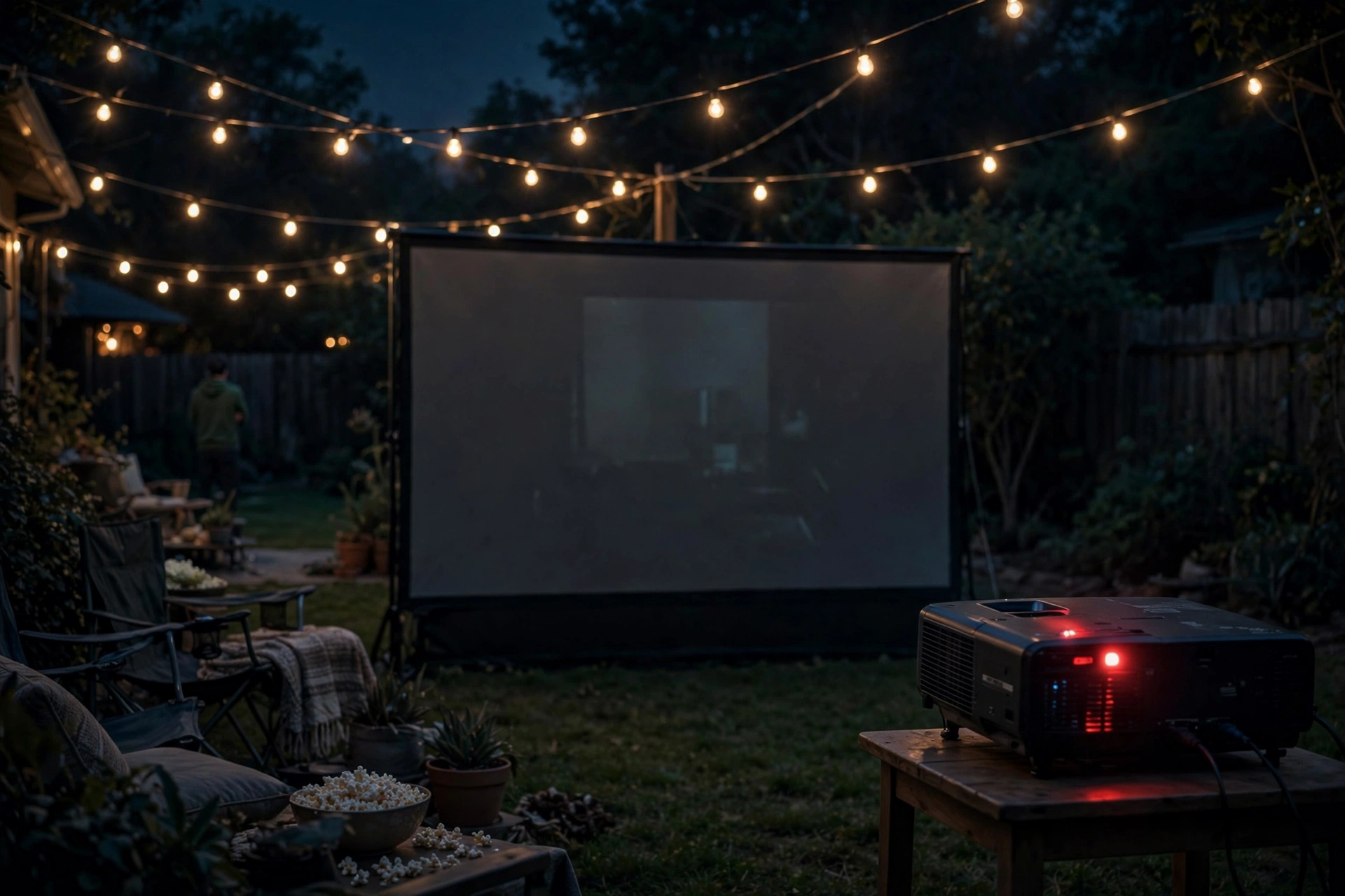 Projector red warning light glowing as screen goes dark at backyard movie night