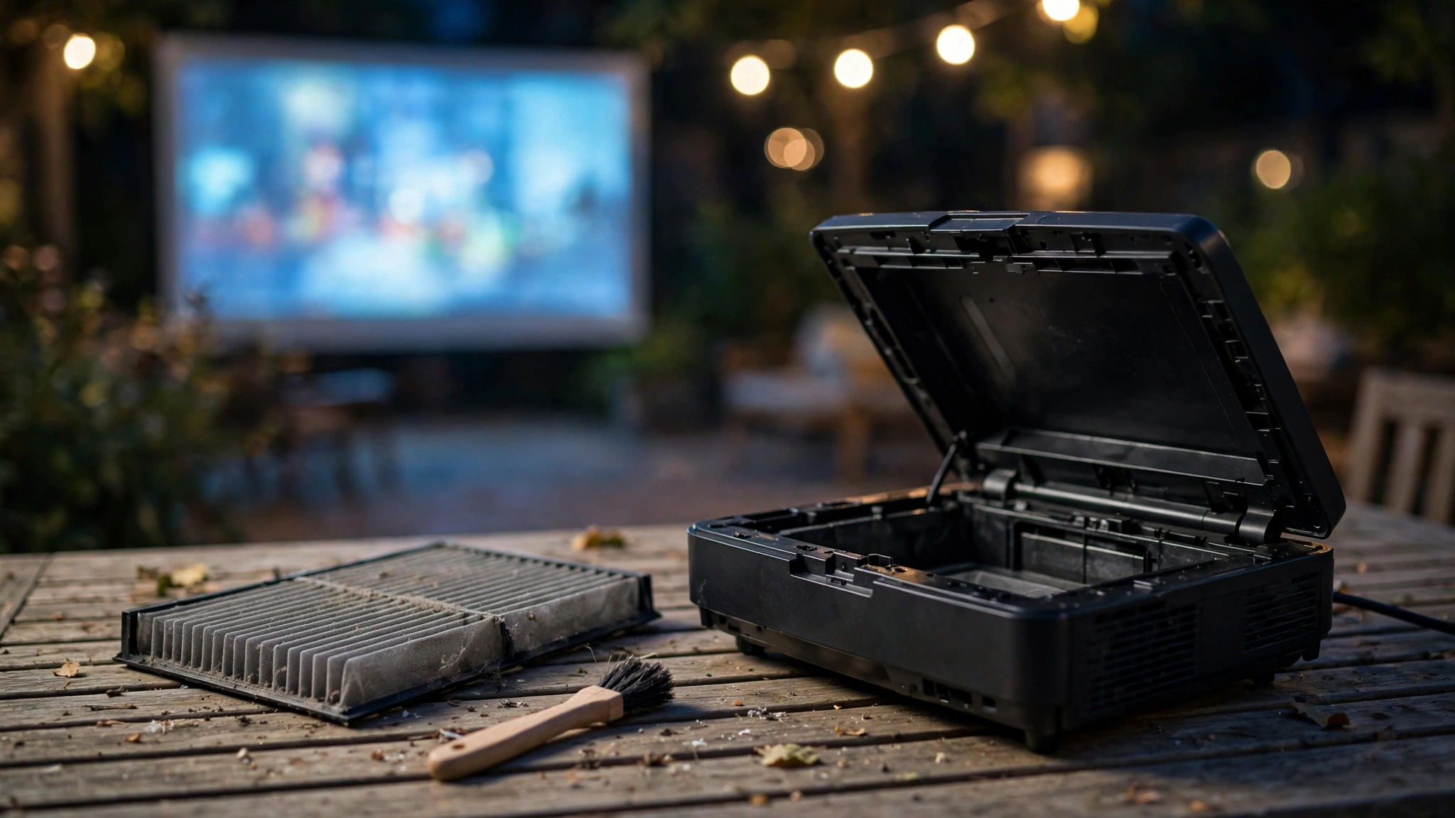 Removing and cleaning a projector air filter on a patio table during an outdoor movie night