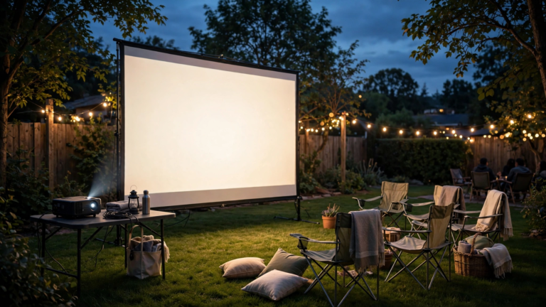 Backyard movie night at dusk with a projector showing a movie on an outdoor screen