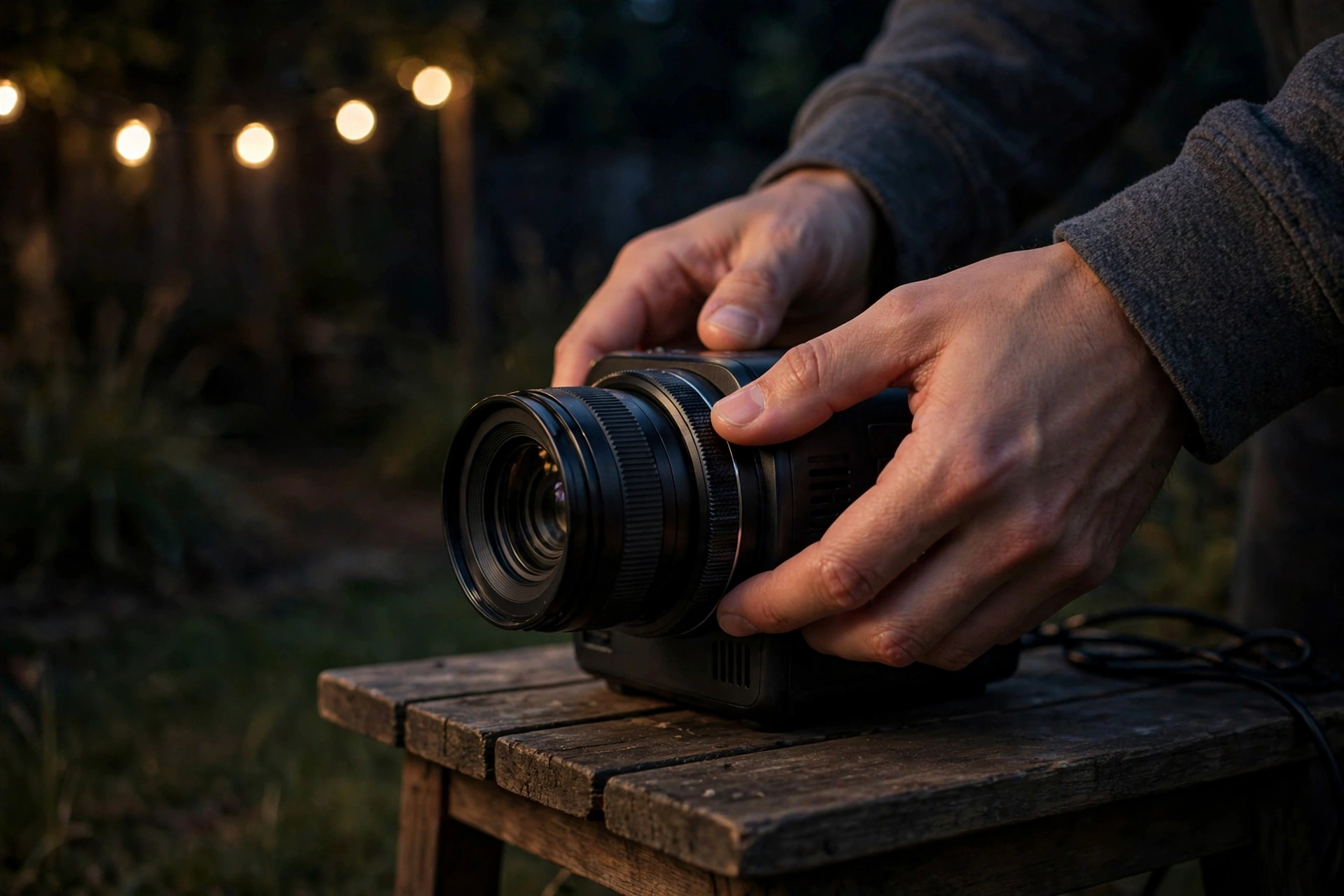 Close-up of hands fine-tuning the focus ring on an outdoor projector during a backyard movie setup - Why Is My Projector Blurry Outside
