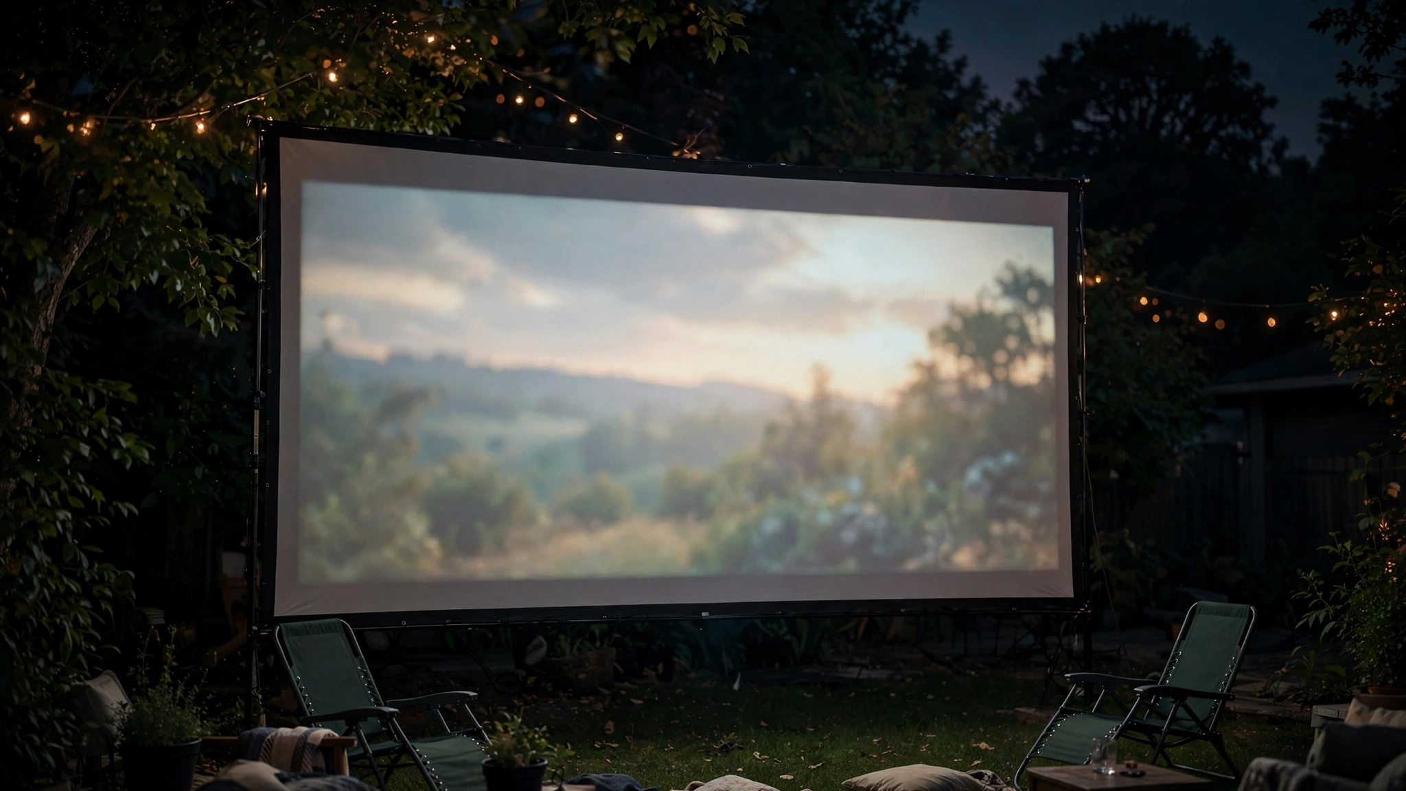 Outdoor projector screen at night with a soft-focus movie image showing what blurry projection looks like