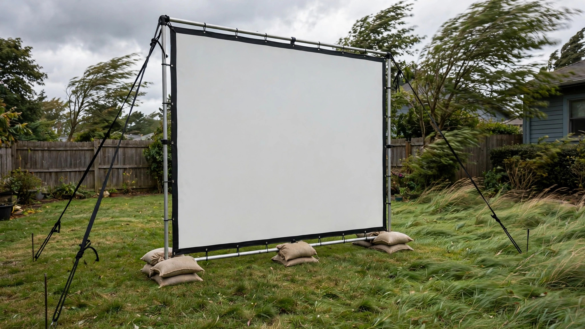 Outdoor projector screen secured with sandbags and ropes