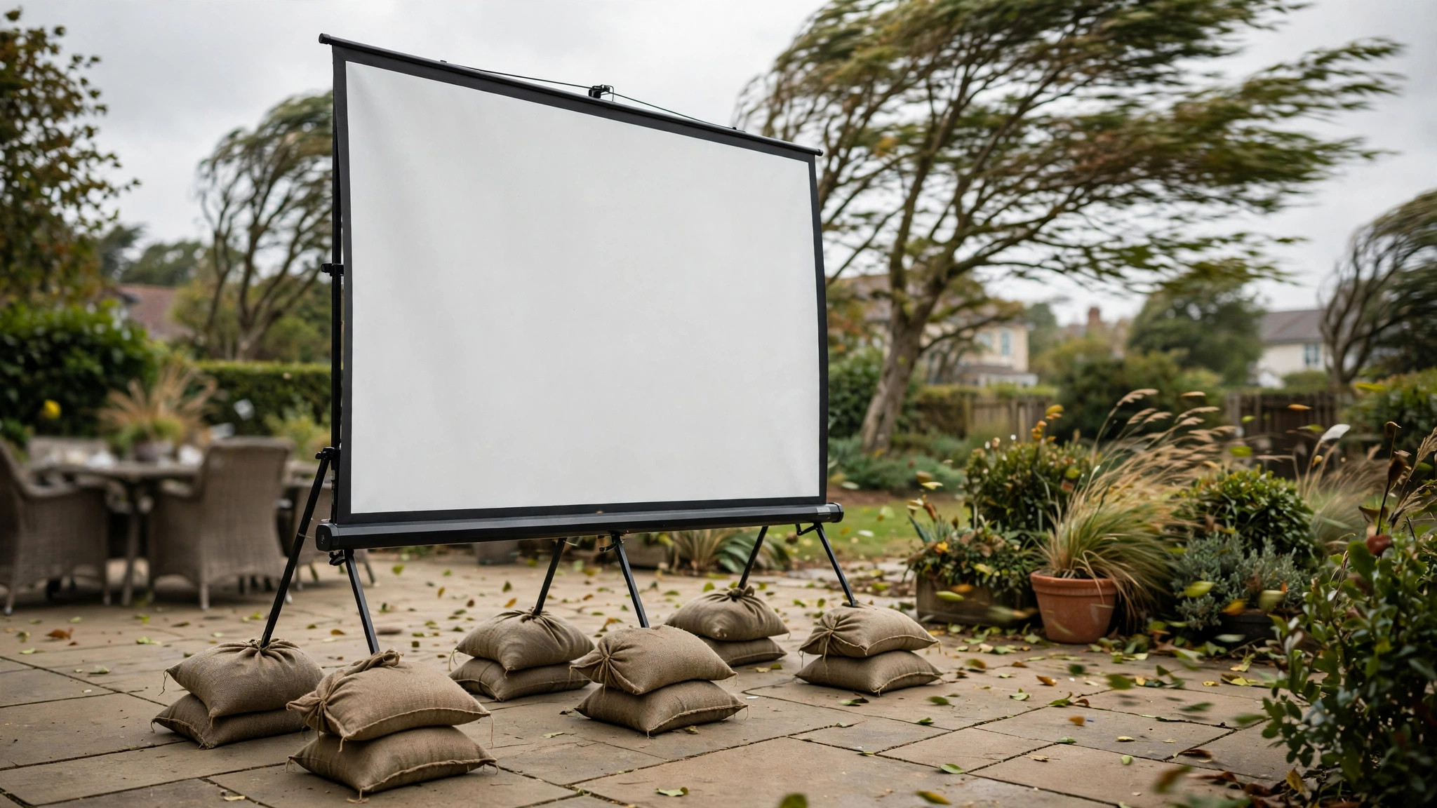 Sandbags weighing down projector screen legs