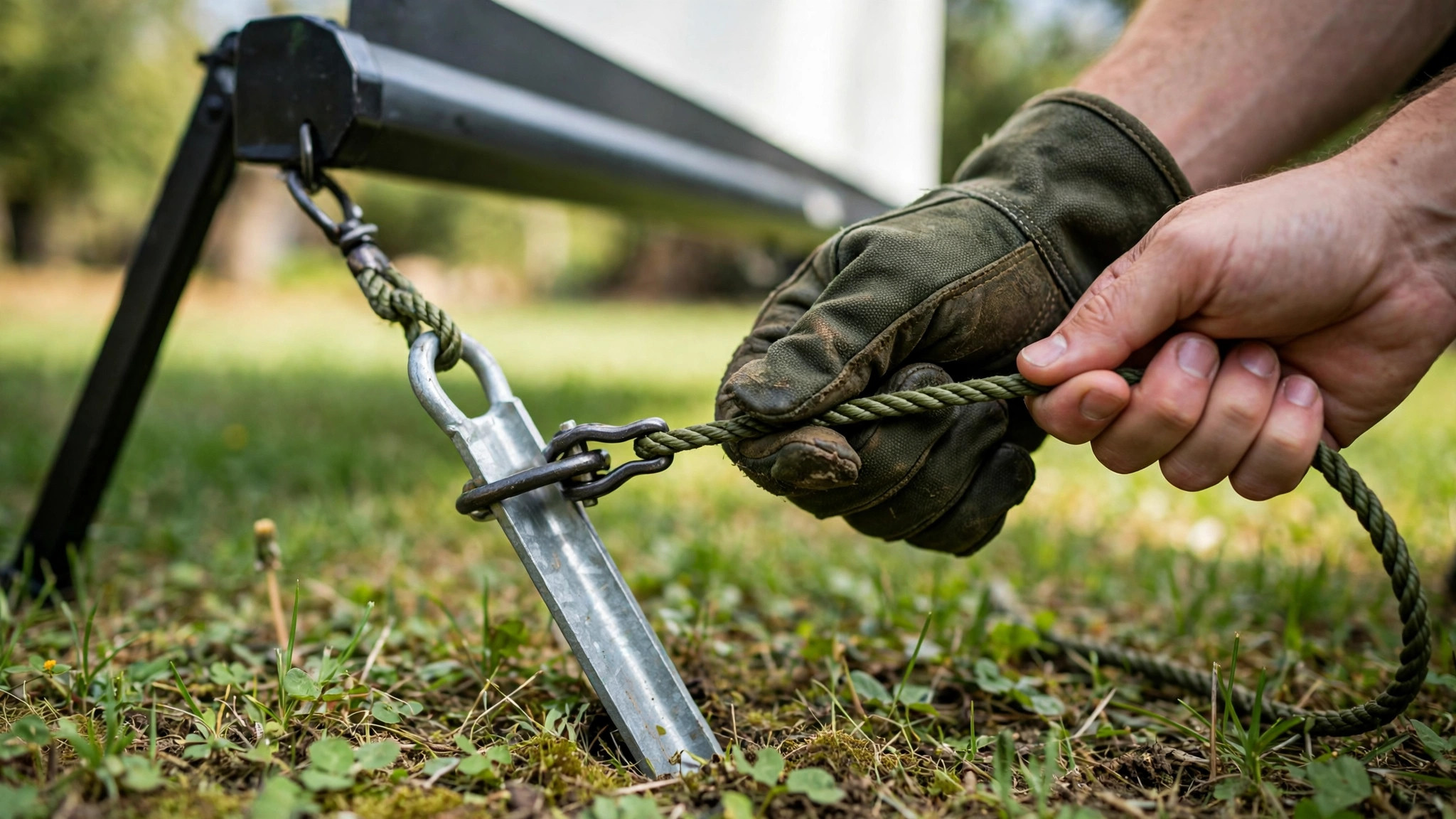 Ground stakes and guy ropes anchoring projector screen - How to Keep Your Outdoor Projector Screen From Blowing in the Wind